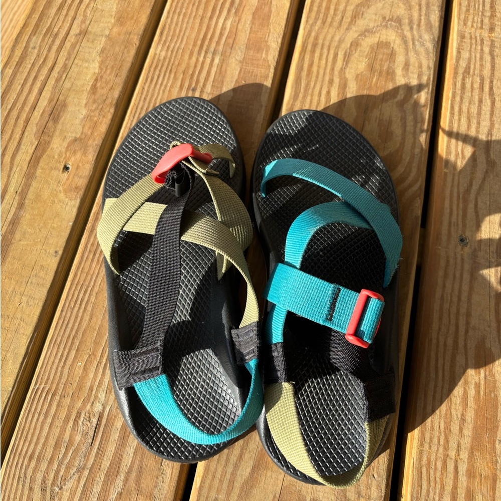 Chaco Black and Teal Sandals with Red Accents
